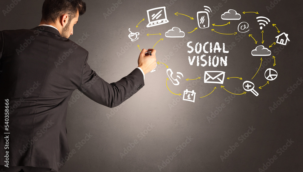 businessman drawing social media icons businessman drawing social media icons