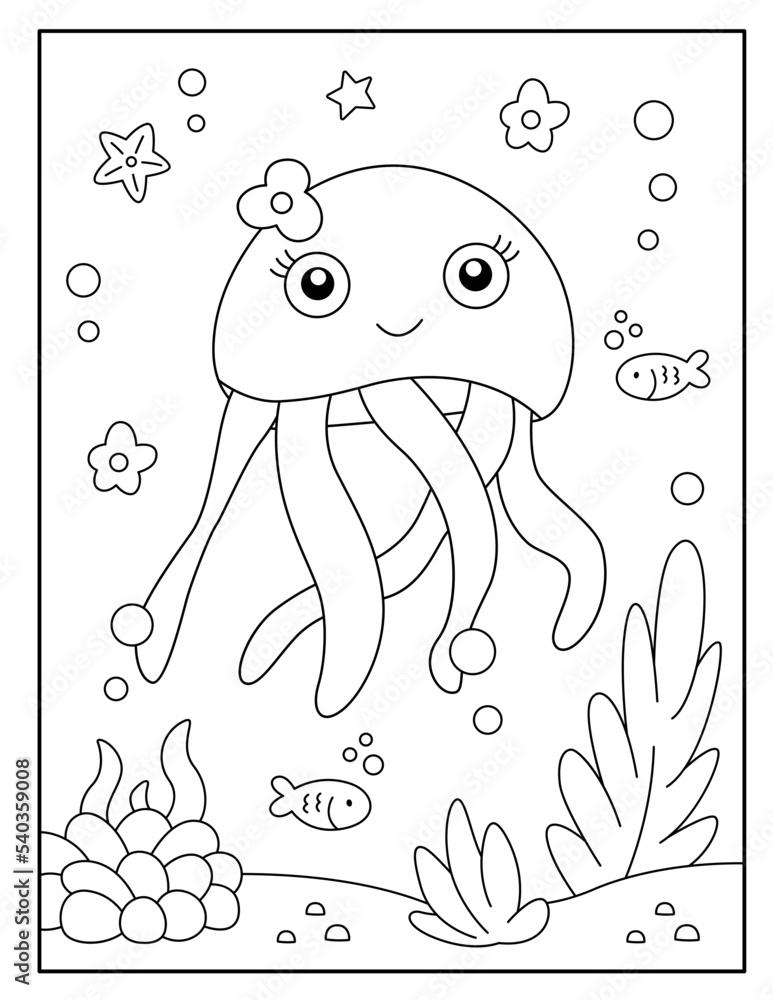 Cute jellyfish coloring page for kids Stock Vector | Adobe Stock