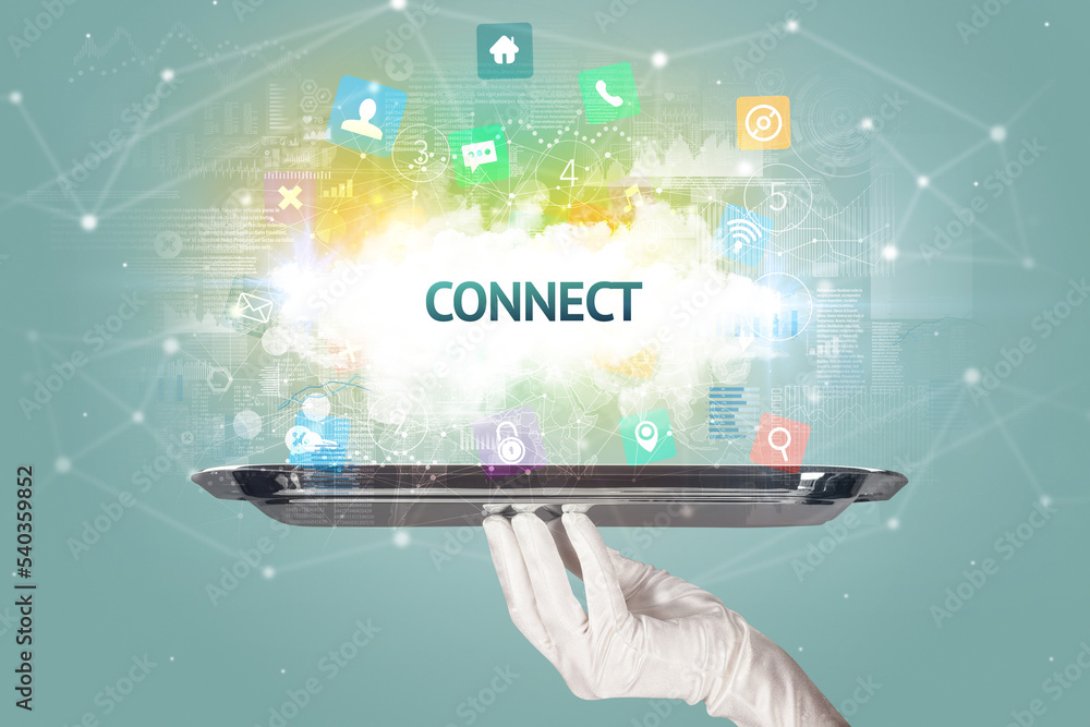 Waiter serving social networking concept Waiter serving social networking concept
