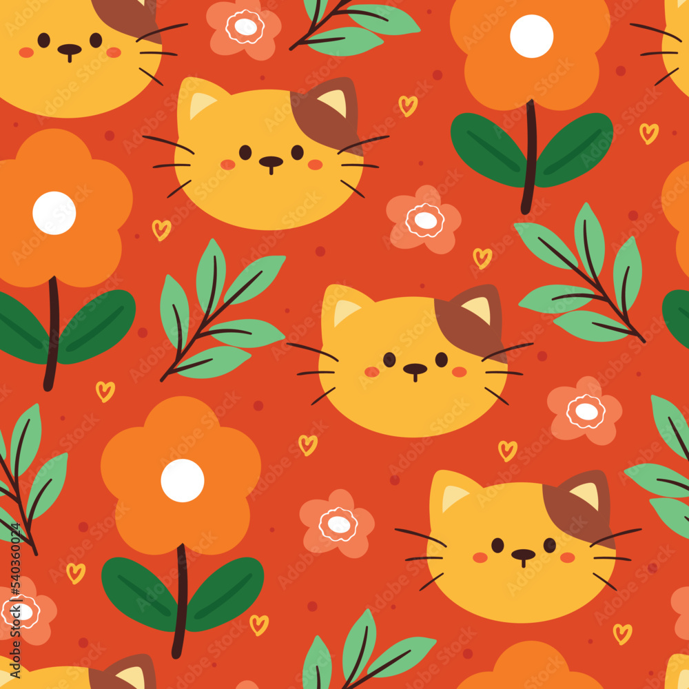 seamless pattern cartoon cat and flowers. cute animal wallpaper for textile, gift wrap paper