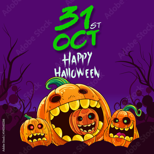 Vector illustration for halloween with three funny pumpkins and purple background for scary night decoration. (ID: 540360286)