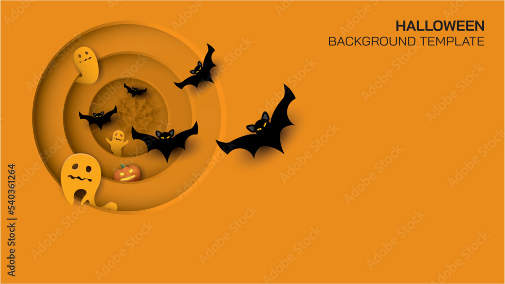 Happy Halloween party paper cut concept have blank space on orange background. Ghost, pumpkins, spiders web and flying bats in paper cut style.