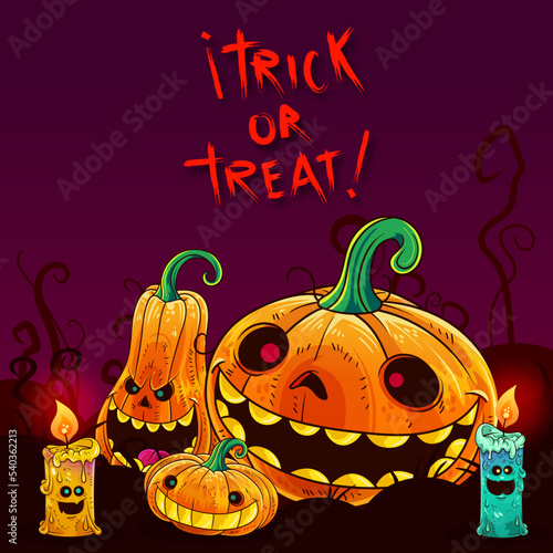 Vector illustration with three funny pumpkins two candles in cartoon style text for celebration night and purple background. (ID: 540362213)