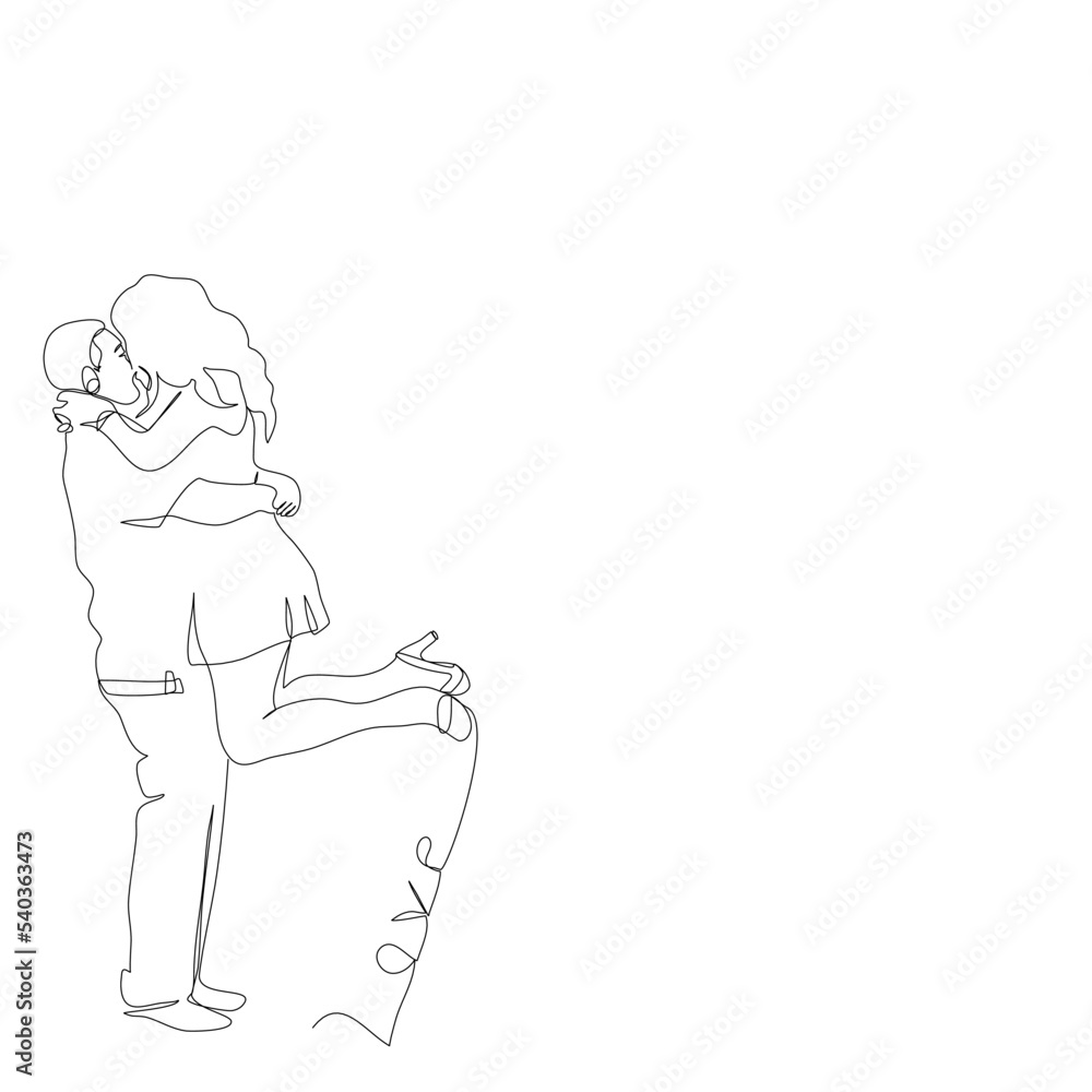 Side view of young groom holding bride who pop legs in single line drawing style.Romantic couple holding and smiling continue line.Vector illustration isolate flat design concept of Valentine’s Day Side view of young groom holding bride who pop legs in single line drawing style.Romantic couple holding and smiling continue line.Vector illustration isolate flat design concept of Valentine’s Day