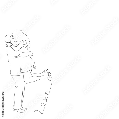 Side view of young groom holding bride who pop legs in single line drawing style.Romantic couple holding and smiling continue line.Vector illustration isolate flat design concept of Valentine’s Day
