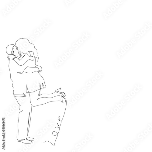 Side view of young groom holding bride who pop legs in single line drawing style.Romantic couple holding and smiling  continue line.Vector illustration isolate flat design concept of Valentine’s Day