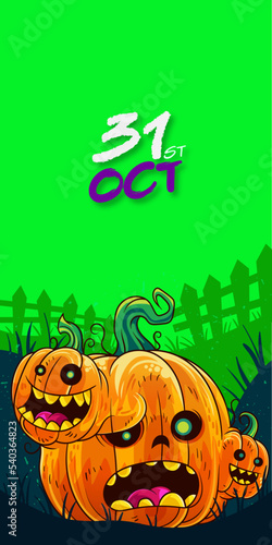 Monster pumpkin with green background and text with celebration date.
Vector illustration. (ID: 540364823)