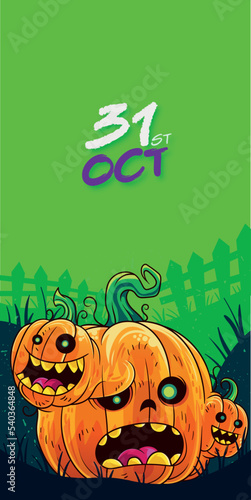 Monster pumpkin with green background and text with celebration date.
Vector illustration. (ID: 540364848)