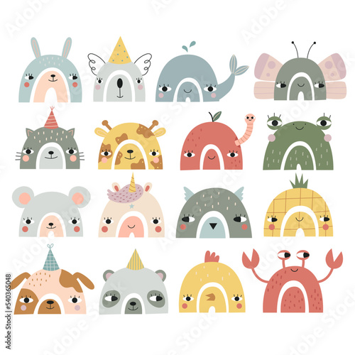 Big collection of cute rainbows with animal faces. Vector illustration