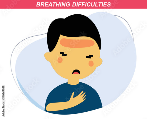 child short of breath holding his chest. flat design vector