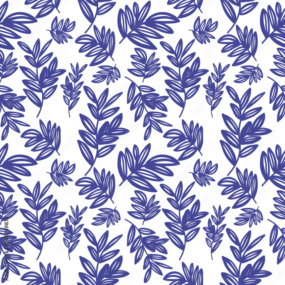 Fototapeta premium Blue leaves Seamless pattern White background Natural pattern for fabric print cloth dress carpet curtains rug Sarong wrapping 