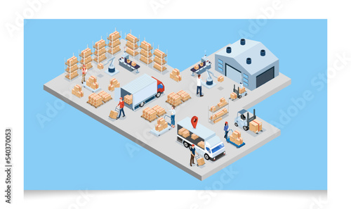 3D isometric Warehouse Logistic concept with Workers loading products on the trucks, Transportation operation service, Export, Import, forklift, pallets, cardboard boxes. Vector illustration EPS 10