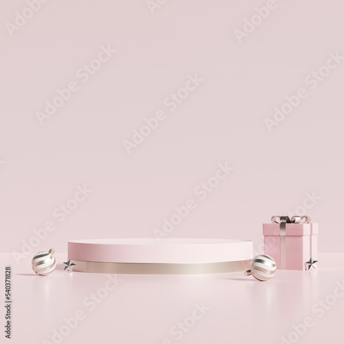 3D rendering realistic pink product display stand, with gift box and bauble balls on pastel pink  background. Minimal luxury Christmas or cosmetic sale presentation scene.