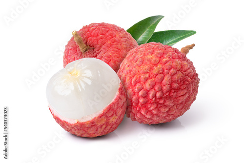 Fresh lychee with cut in half slice isolated on white background.