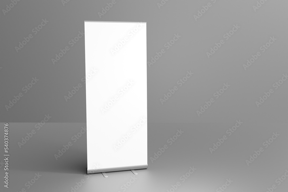 Blank white roll-up banner display mockup on dark background, isolated, 3d rendering Blank white roll-up banner display mockup on dark background, isolated, 3d rendering