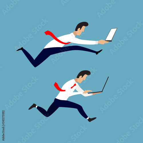 Running business man with laptop clicking for business, finance, target sales, profit, investmen and connectivity,