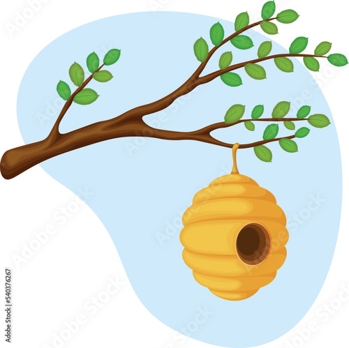 Hive. Yellow cartoon bee hive. A beehive on a tree branch. Vector illustration isolated on a white background