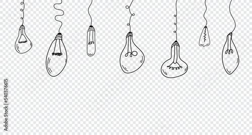 Set of hanging light bulb with doodles hand drawn style. Light bulb set. Doodle hand drawn sketch style lamp. Lightbulb with line curve. Vector illustration