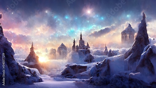 Magical portal on winter landscape fairy tale backgroun. 3d rendering. Raster illustration. © DZMITRY