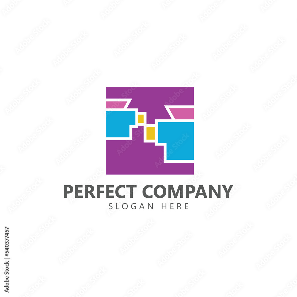Video camera abstract logo within a square vector logo. Purple, blue, pink, and yellow colored logo. Suitable for multimedia, technology, company, industry, media, brand, product, and business.