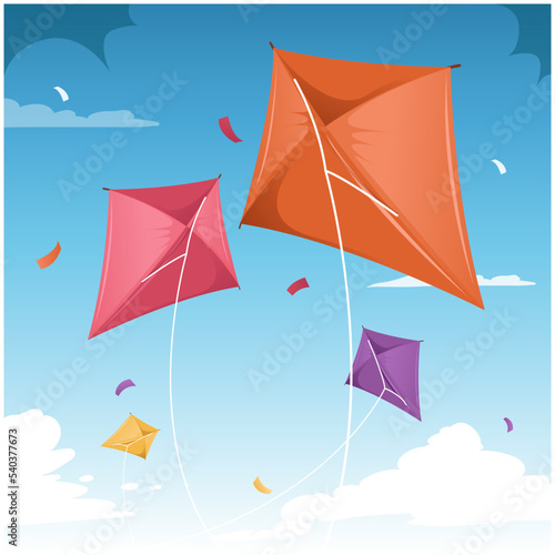 Cartoon kites. Wind flying toy with ribbon and tail for kids. Makar Sankranti. Butterfly, fish and rainbow kite shape and design, vector set. Illustration wind kite game, summer flying toy