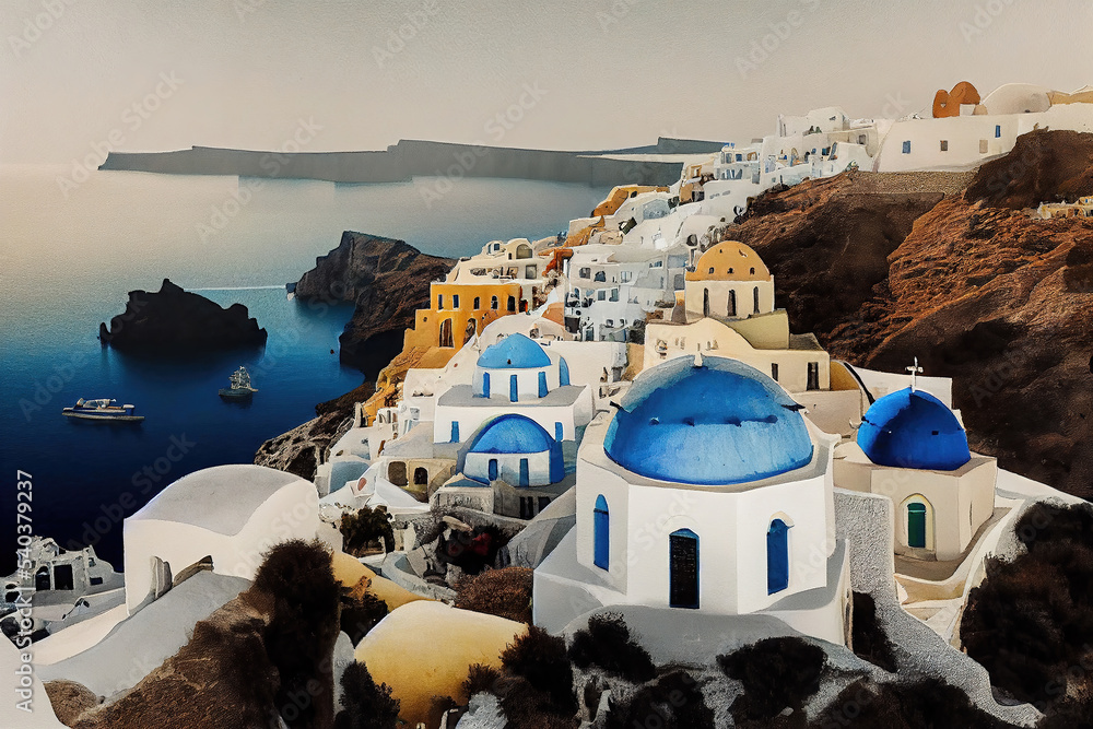 AI generated image of a nice warm day at Santorini in Greece 