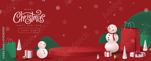 Merry Christmas banner with product display cylindrical shape and winter holiday composition
