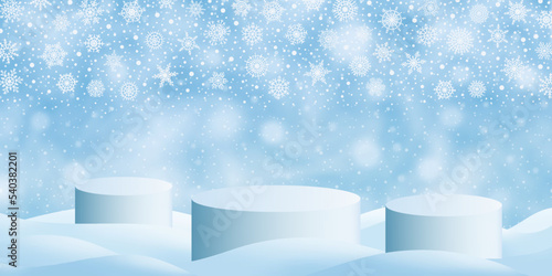 Product podiums in a snowdrift against the backdrop of the winter sky, snowflakes and snowfall, Christmas sales