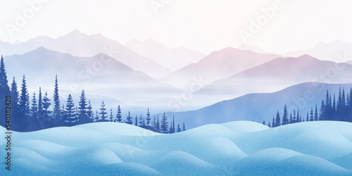 Winter mountain landscape, snow drifts and trees, it snows, vector illustration