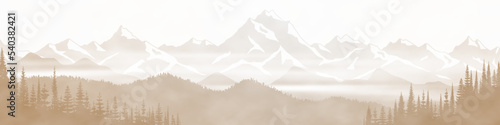 Sunrise in the mountains, ridge in the morning fog, sepia tones, panoramic view