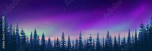Trees against the background of aurora borealis, winter holiday illustration