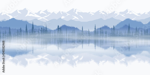 Sunset on the lake, picturesque reflection. Mountain landscape, panoramic view of ridges and forest in fog, vector illustration.