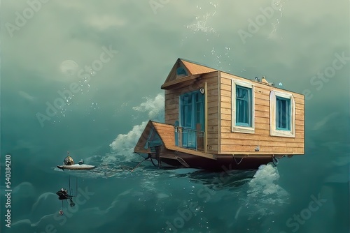 Fantasy Tiny house Floating above a boat