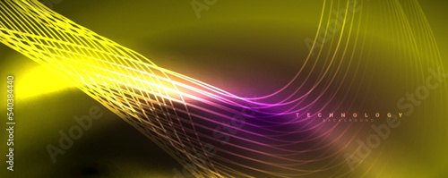 Shiny neon waves, dynamic electric motion, energy or speed concept. Vector illustration for wallpaper, banner, background, leaflet, catalog, cover, flyer