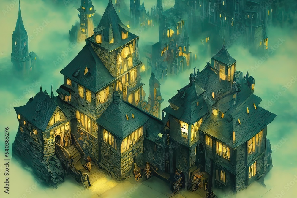 Surreal Guild House in Isometric Diorama Concept Stock Illustration