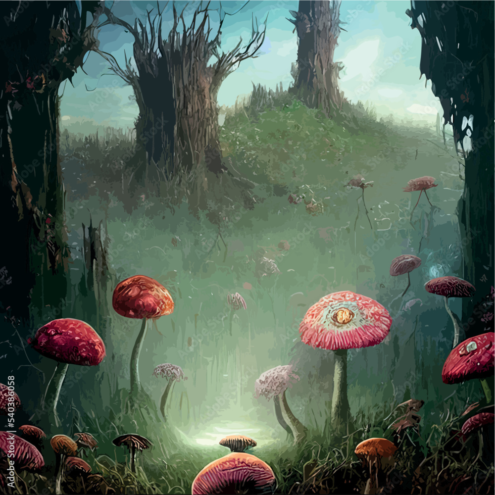 surreal mushroom landscape, fantasy wonderland landscape with mushrooms ...