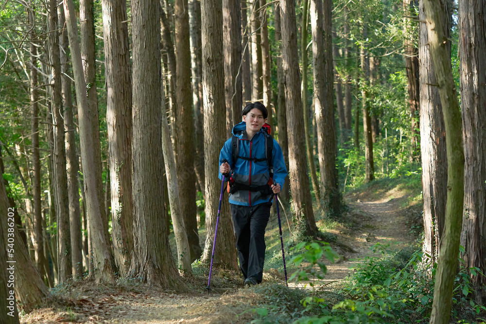 Obraz premium トレッキングする男性