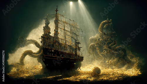 AI generated image of a sunken Spanish galleon carrying treasure, guarded by a kraken 