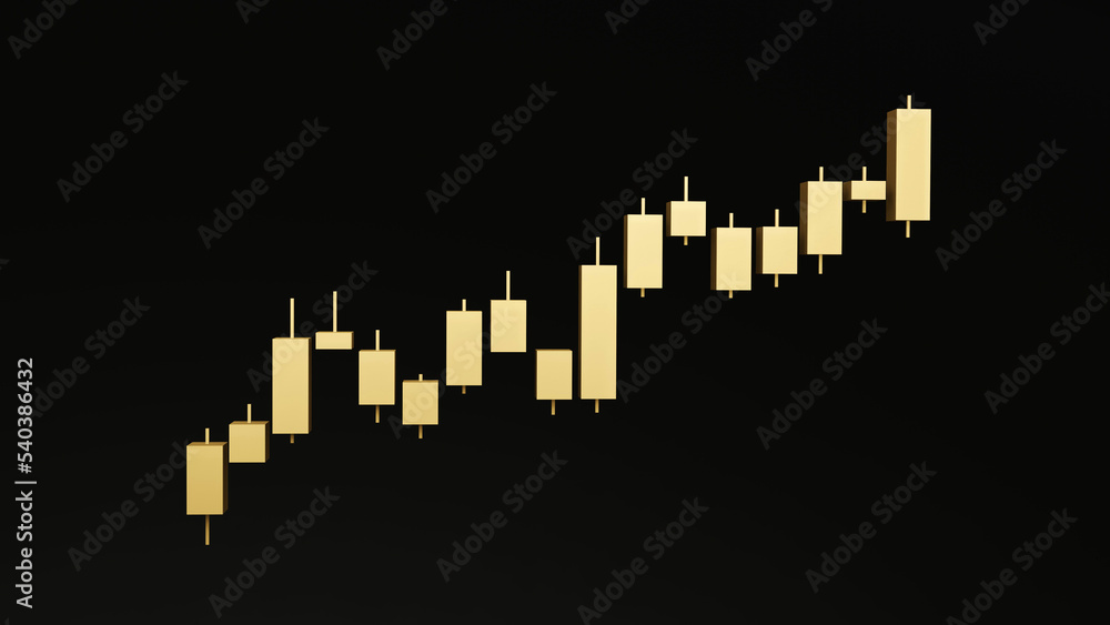 3d rendering Gold meatal Candlestick bar chart, stock markets and financial, trading concept. Cryptocurrency, investment trading, exchange, index, forex, finance graph isolated on black background.