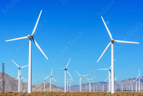 Wind turbine farm for renewal energy at San Gorgonio Pass from Indian Canyon Road near Palm Springs, California, USA