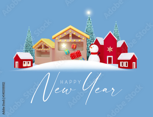 Christmas town. Merry Christmas and Happy New Year 3D concept with Santa Claus, Snowman, houses, stalls and fir trees.