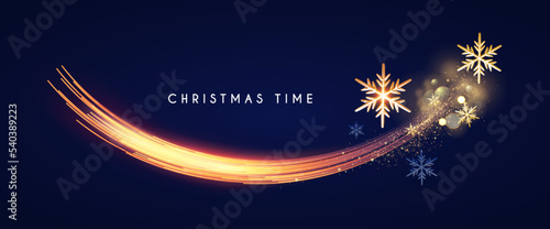Merry Christmas shining celeration with motion light and gold snowflakes.