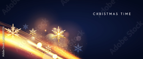 Merry Christmas shining celeration with motion light and gold snowflakes.