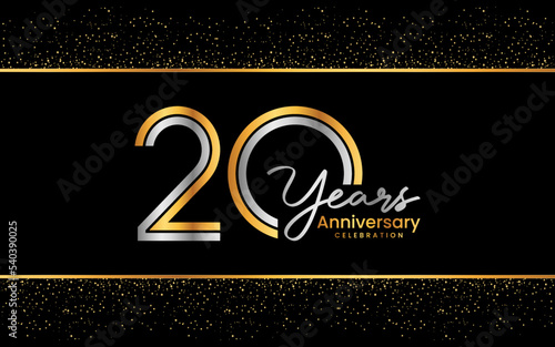 20th Anniversary Logotype. Golden Anniversary logo design in golden color for celebration event, invitation, greeting card, flyer, banner, poster, double line logo, vector illustration