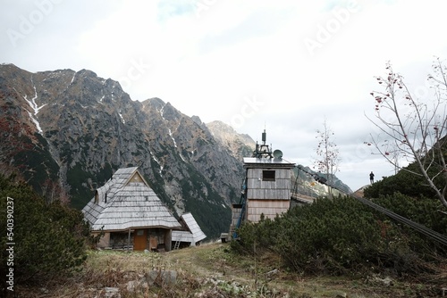 Valley of Five Polish Ponds in Polish High tatras most beautiful Place on earth. Freight cableway of mountain hut. Karpaty, Poland photo