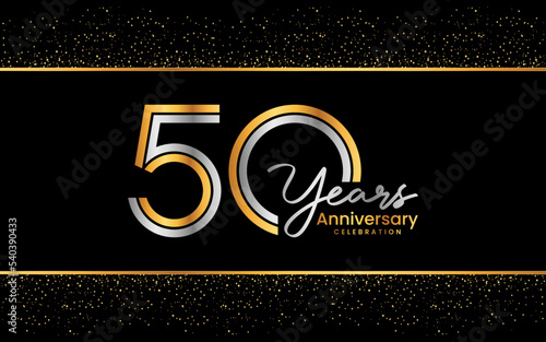 50th Anniversary Logotype. Golden Anniversary logo design in golden color for celebration event, invitation, greeting card, flyer, banner, poster, double line logo, vector illustration