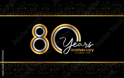 80th Anniversary Logotype. Golden Anniversary logo design in golden color for celebration event, invitation, greeting card, flyer, banner, poster, double line logo, vector illustration