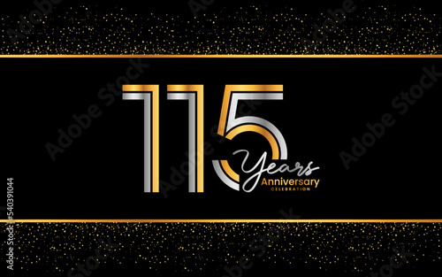 115th Anniversary Logotype. Golden Anniversary logo design in golden color for celebration event, invitation, greeting card, flyer, banner, poster, double line logo, vector illustration photo