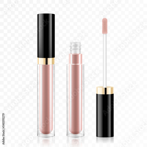 Lip gloss tube template. Lip cream plastic transparent 3d realistic vector packaging, opened and closed with black cap isolated on white background. Lipstick color swatch set.