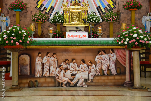 Seashore St. Anthony's Shrine Church inside view during sunday mass. chennai church - indian church prayers.